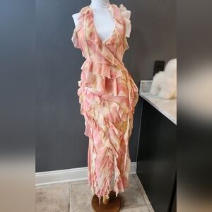 Haute Shein Elegant Pink and Cream Ruffled Dress Size s